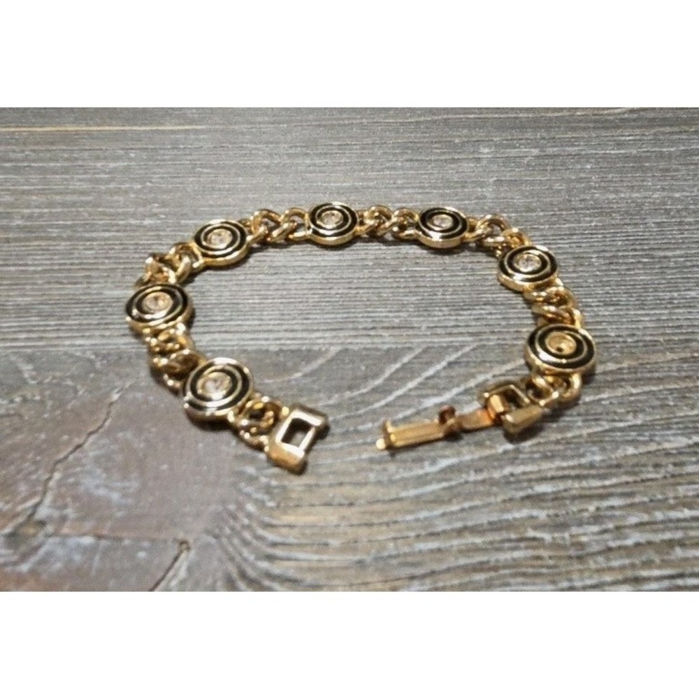 Gold Tone Medallion Bracelet Black Enamel Swirls Rhinestones - 1 Missing